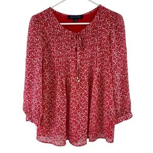 TOMMY HILFIGER Red White Floral Tie Detail Lined Blouse S/P